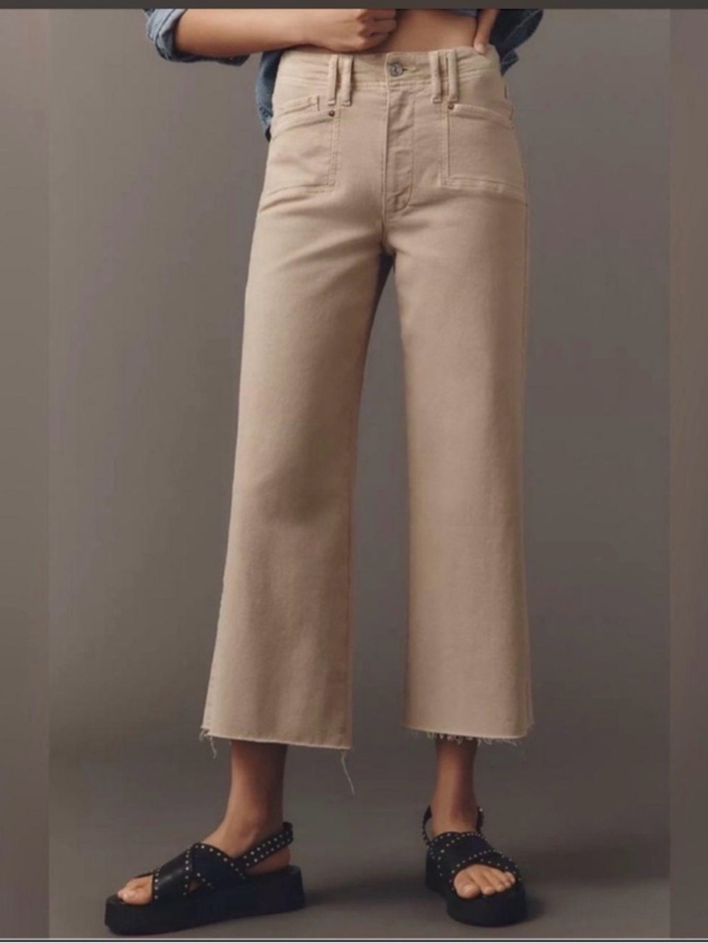 PAIGE Beige Cropped Wide-Leg Jeans